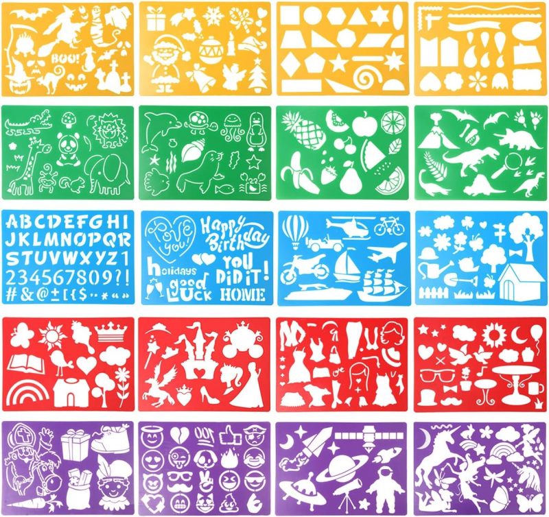 Drawing Stencils: 20 Pieces 0.5mm Washable Reusable PP Plastic - 300+ Themed Patterns Kids Drawing Tool for Home Classroom Kindergarten Daycare Holiday Birthday Gifts - Image 1