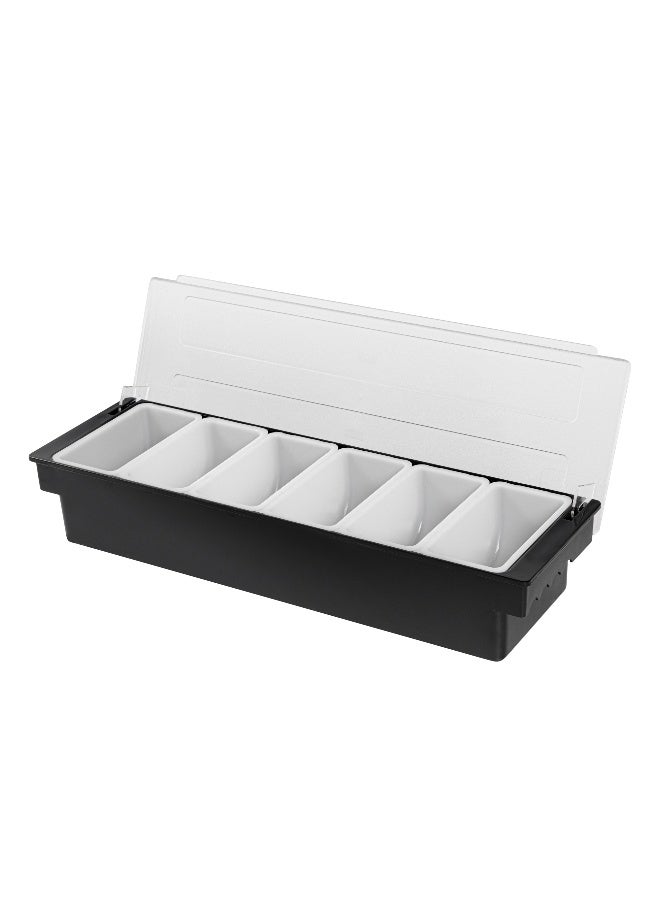 Restaurantware Bar Lux 19.6 x 6.3 x 3.7 Inch Condiment Caddy, 1 Durable Bar Caddy - 6 Removable Compartments, Built-In Lid, Black Plastic Condiment Holder, For Restaurant, Store Cocktail Garnish - Image 1