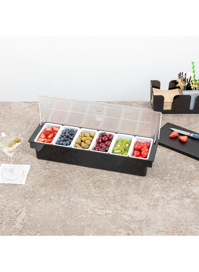 Restaurantware Bar Lux 19.6 x 6.3 x 3.7 Inch Condiment Caddy, 1 Durable Bar Caddy - 6 Removable Compartments, Built-In Lid, Black Plastic Condiment Holder, For Restaurant, Store Cocktail Garnish - Image 4