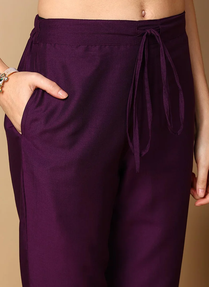 ZERESOUQ Purple Silk Blend Solid Embroidered Straight Kurta Trouser With Dupatta