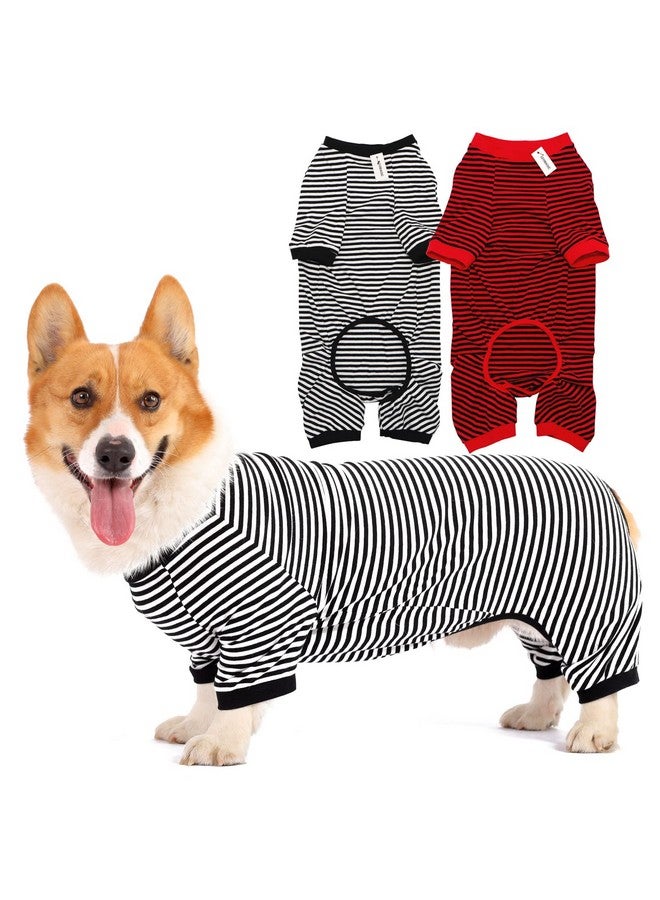 LEVIBASIC Dog Pajamas Cotton Striped Pup Jumpsuit, Breathable 4 Legs Basic Pjs Shirts for Puppy and Cat, Super Soft Stretchable Dog Jammies for Boys and Girls (X-Small, Black Red+Black)  - Image 1
