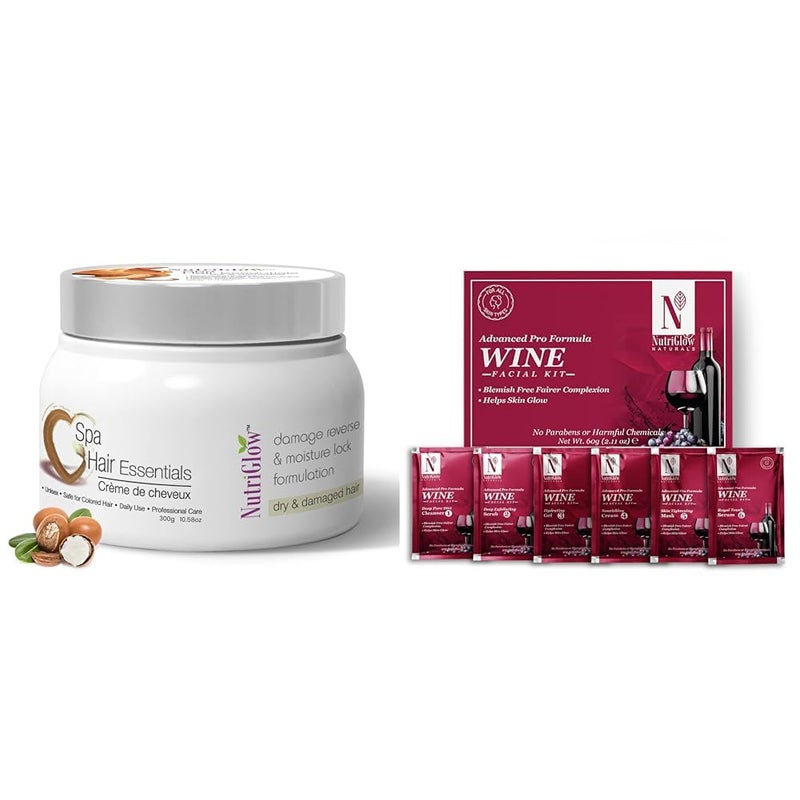 NutriGlow Hair Spa Cream with Damage Reverse Moisture Lock for Dry Damaged Hair 300g and NutriGlow NATURALS Advanced Pro Formula Wine Facial Cleanup Kit 60 GM - Image 1