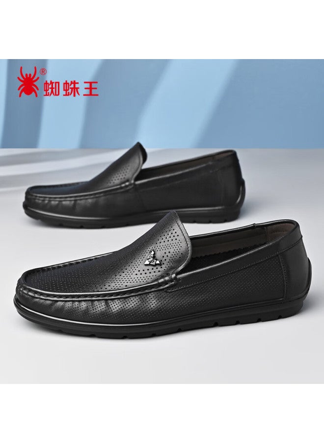 Spider King Men's Casual Slip-on Leather Sandals Summer Hollow Breathable Driving Shoes Black 39