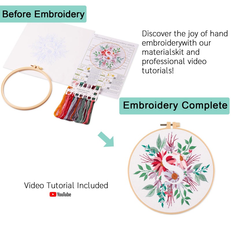 REEWISLY Embroidery Kit for Letter S,Embroidery Starter Kit with Pattern and Instructions,1 Plastic Embroidery Hoops,Color Threads,Instructions and Needles,DIY Adults Embroidery, Video Teaching - Image 2
