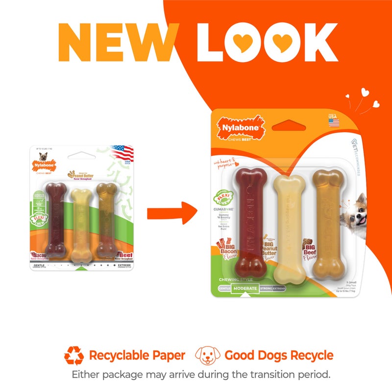 Nylabone Original Bone Flexi Chew Toy for Dogs, Dog Toys for Moderate Chewers, Value Pack, Long Lasting Bacon, Peanut Butter, & Beef Flavor, X-Small Dogs - Up to 15 lbs, 3 Pack - Image 3