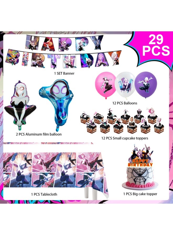 ILovhaprty Spider-Man Gwen Stacy Birthday Party Decorations, 29pcs Spider-Gwen Party Decoration Set - Spider-Gwen Balloons Banner Tablecloth Cupcake Toppers etc Spider-Verse Party Supplies - Image 3