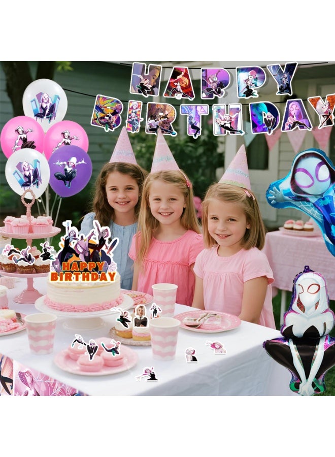 ILovhaprty Spider-Man Gwen Stacy Birthday Party Decorations, 29pcs Spider-Gwen Party Decoration Set - Spider-Gwen Balloons Banner Tablecloth Cupcake Toppers etc Spider-Verse Party Supplies - Image 5