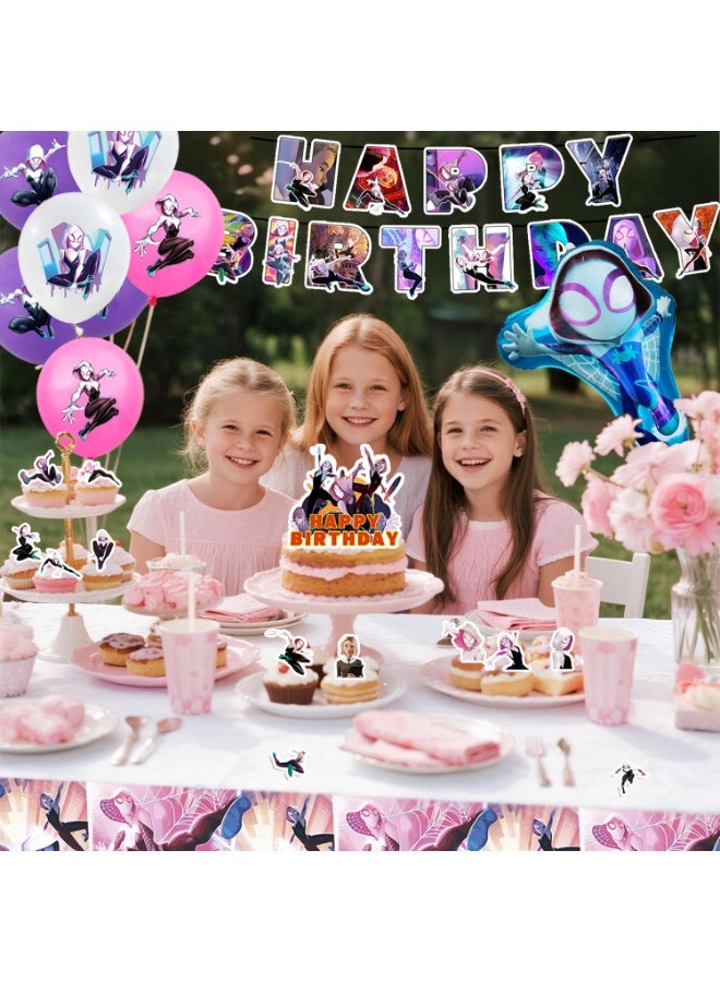 ILovhaprty Spider-Man Gwen Stacy Birthday Party Decorations, 29pcs Spider-Gwen Party Decoration Set - Spider-Gwen Balloons Banner Tablecloth Cupcake Toppers etc Spider-Verse Party Supplies - Image 4