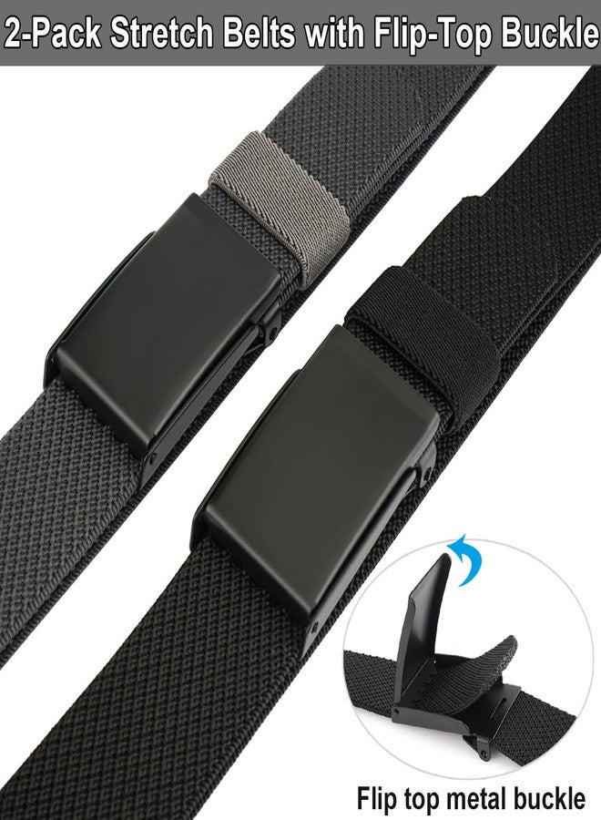HOANAN 1.3” Men’s Stretch Belt, 2-Pack Flip-top Metal Buckle Golf Belt, Elastic Nylon Web Belts (Black + grey - Fit up to 36") - Image 2