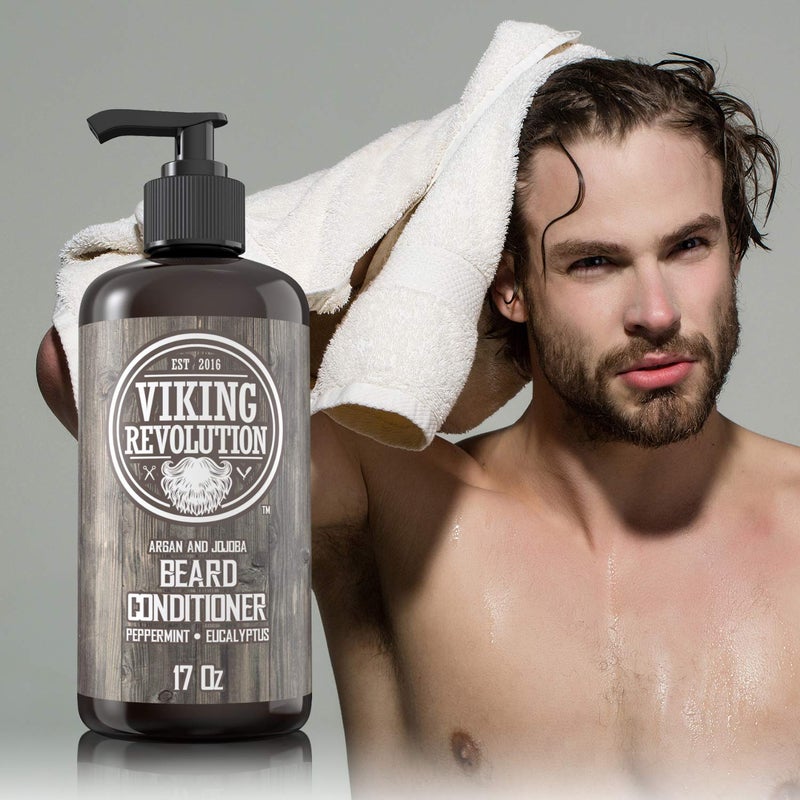 Viking Revolution Beard Conditioner w/Argan & Jojoba Oils - Softens & Strengthens - Natural Peppermint and Eucalyptus Scent- Beard Conditioner w/Beard Oil (17oz Conditioner) - Image 5