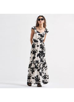 FAV Printed Maxi Dress with Sweetheart Neck and Ruffle Sleeves  - Image 1