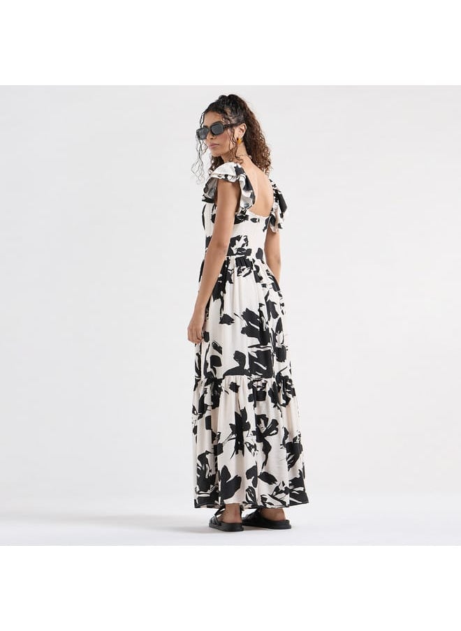 FAV - Printed Maxi Dress with Sweetheart Neck and Ruffle Sleeves - Image 1