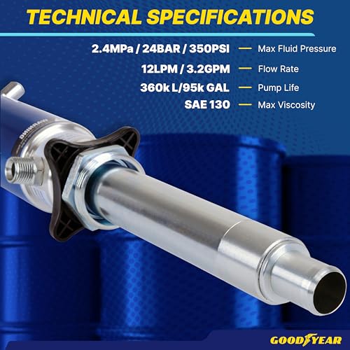 Goodyear Oil Transfer Pump Air Operated Pneumatic 3.1GPM / 12LPM PRO Heavy Duty Double Action 3:1 Fast High Flow Rate for SAE130 Oils/Fluids (NOT for Gasoline or Diesel) - Image 3