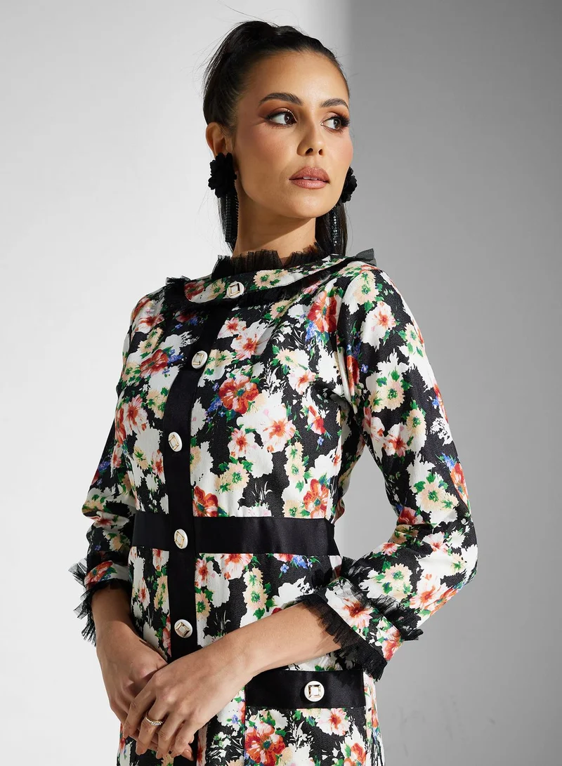 Golden Apple Floral Print Midi Dress