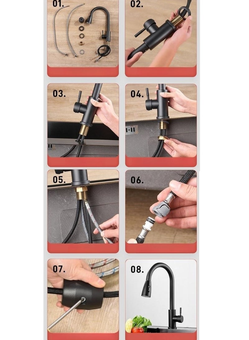100% صنبور مطبخ مع بخاخ قابل للسحب لاسفل، صنابير حوض المطبخ من الستانلس ستيل، صنبور خلاط المطبخ، صنبور ماء ساخن وبارد، صنبور حوض المطبخ، وضعين للرش يدور 360 درجة - Image 3