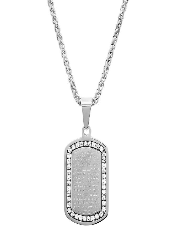 Steeltime Stainless Steel Lords Prayer Dog Tag Pendant Necklace with Simulated Diamonds (Silver) - Image 2