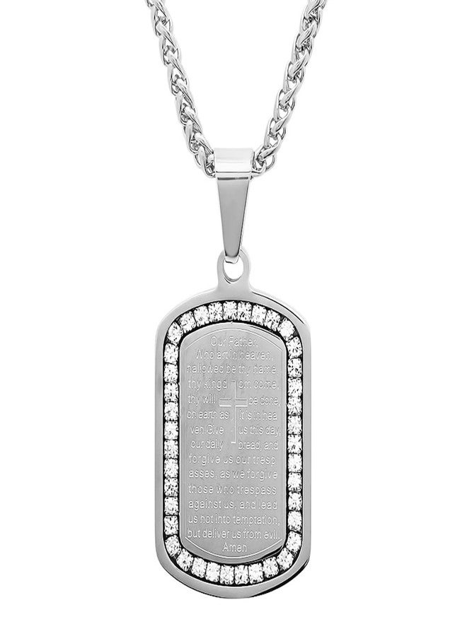 Steeltime Stainless Steel Lords Prayer Dog Tag Pendant Necklace with Simulated Diamonds (Silver) - Image 1