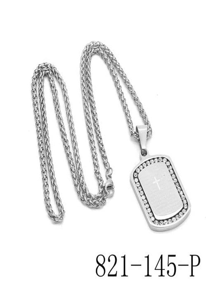 Steeltime Stainless Steel Lords Prayer Dog Tag Pendant Necklace with Simulated Diamonds (Silver) - Image 3