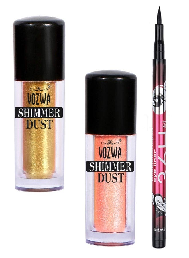Vozwa Shimmer Pigment Eyeshadow Dust (Golden + Peach) with Black Eyeliner - Image 1