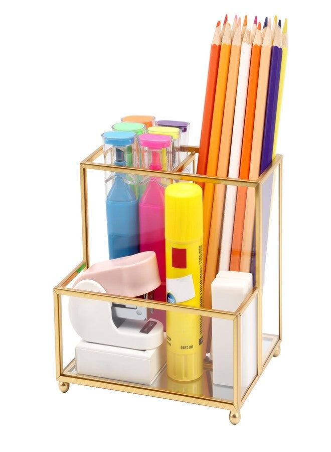Shonmogar Glass Pen Holder for Desk,Gold Pencil Holder with 3 Compartments,Small Desk Organizer for Pens/Pencils/Sticky Notes,Stylish Clear Pen Organizer for Home Office Desk - Image 1
