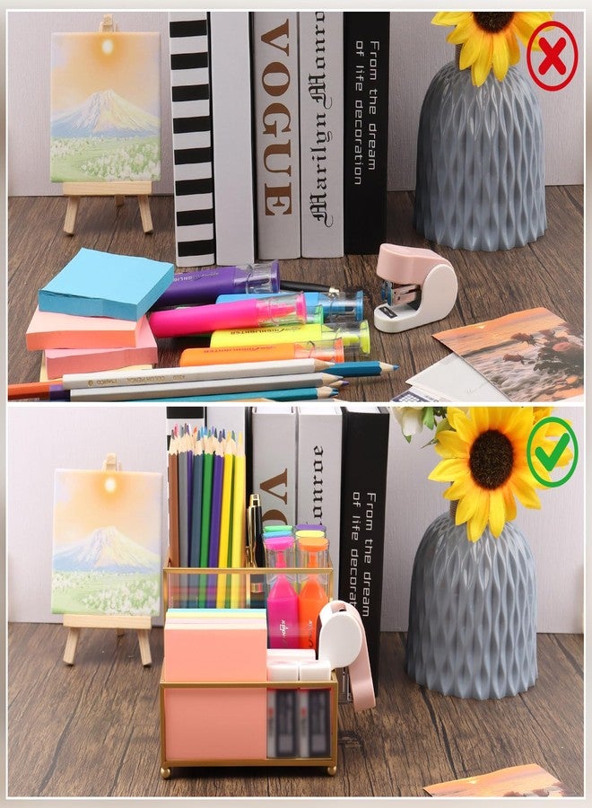 Shonmogar Glass Pen Holder for Desk,Gold Pencil Holder with 3 Compartments,Small Desk Organizer for Pens/Pencils/Sticky Notes,Stylish Clear Pen Organizer for Home Office Desk - Image 4