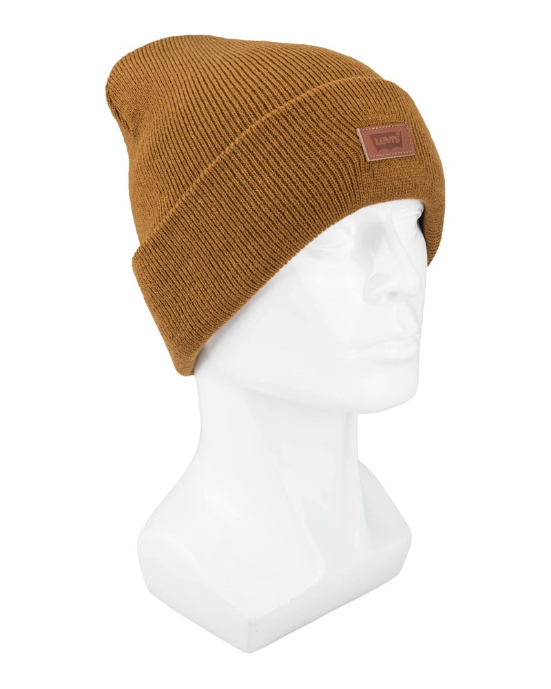 Levi's Unisex Adult All Season Comfy Leather Logo Patch Cuffed Hero Beanie Hat, Tan Solid - Image 3