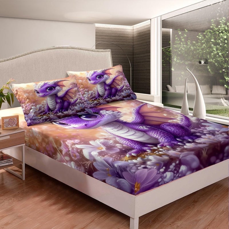 Erosebridal Purple Dragon Bedding Set Cute Cartoon Animal Bed Sheets Full Size for Kids Boys Girls,Magical Wildlife Animal Fitted Sheet Purple Dreamy Flowers Bed Cover - Image 3