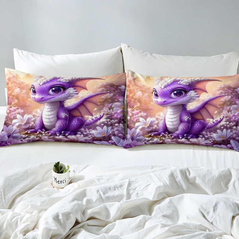 Erosebridal Purple Dragon Bedding Set Cute Cartoon Animal Bed Sheets Full Size for Kids Boys Girls,Magical Wildlife Animal Fitted Sheet Purple Dreamy Flowers Bed Cover - Image 4