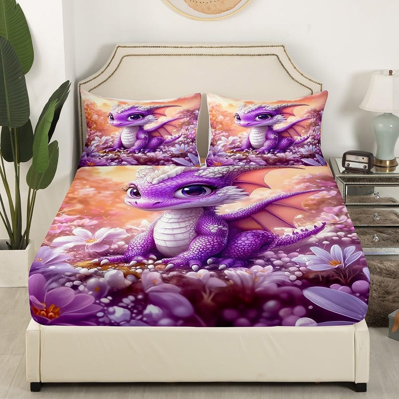 Erosebridal Purple Dragon Bedding Set Cute Cartoon Animal Bed Sheets Full Size for Kids Boys Girls,Magical Wildlife Animal Fitted Sheet Purple Dreamy Flowers Bed Cover - Image 2