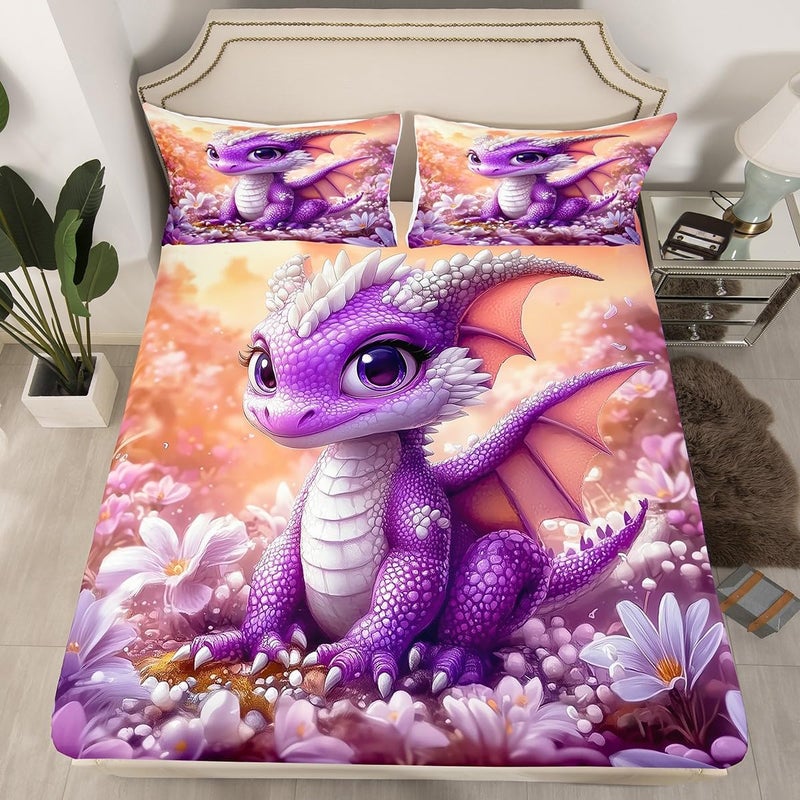 Erosebridal Purple Dragon Bedding Set Cute Cartoon Animal Bed Sheets Full Size for Kids Boys Girls,Magical Wildlife Animal Fitted Sheet Purple Dreamy Flowers Bed Cover - Image 1