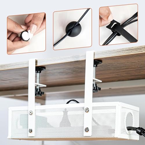 Dyazo Adjustable Under Desk Cord Organizer | Screw Clamp Mesh Tray for Power Extension & Computer Wires | Includes Cable Clips & Tighteners Straps | Perfect Cable Management Holder for Office – White - Image 5