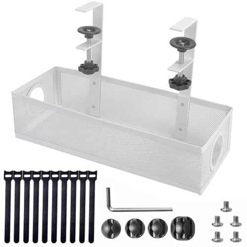 Dyazo Adjustable Under Desk Cord Organizer | Screw Clamp Mesh Tray for Power Extension & Computer Wires | Includes Cable Clips & Tighteners Straps | Perfect Cable Management Holder for Office – White - Image 1