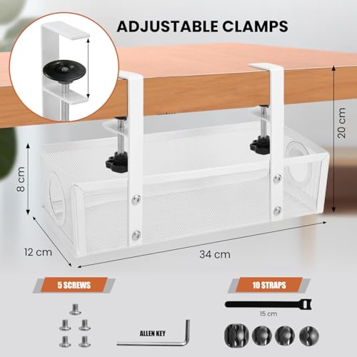 Dyazo Adjustable Under Desk Cord Organizer | Screw Clamp Mesh Tray for Power Extension & Computer Wires | Includes Cable Clips & Tighteners Straps | Perfect Cable Management Holder for Office – White - Image 2