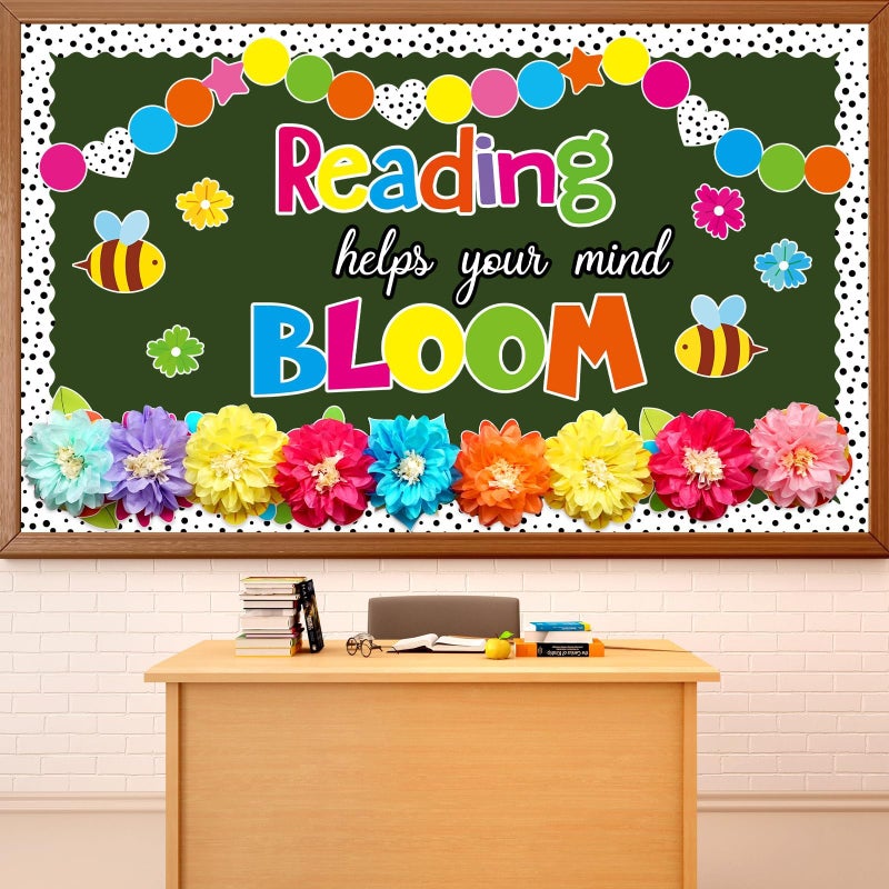 Justforjoyful Reading Flower Bulletin Board Decorations with 3D Tissue Paper Flowers Back to School Spring Floral Reading Helps Your Mind Bloom Classroom Decor Bulletin Board Border Cutouts Set School Supplies - Image 2