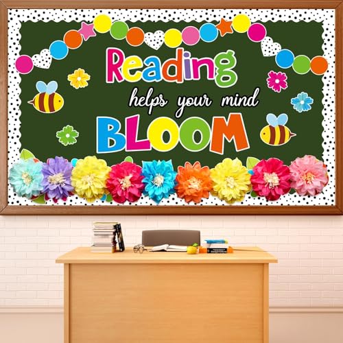 Justforjoyful Reading Flower Bulletin Board Decorations with 3D Tissue Paper Flowers Back to School Spring Floral Reading Helps Your Mind Bloom Classroom Decor Bulletin Board Border Cutouts Set School Supplies - Image 1
