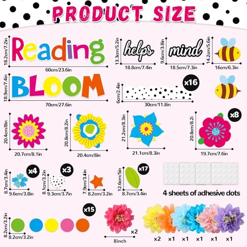 Justforjoyful Reading Flower Bulletin Board Decorations with 3D Tissue Paper Flowers Back to School Spring Floral Reading Helps Your Mind Bloom Classroom Decor Bulletin Board Border Cutouts Set School Supplies - Image 3