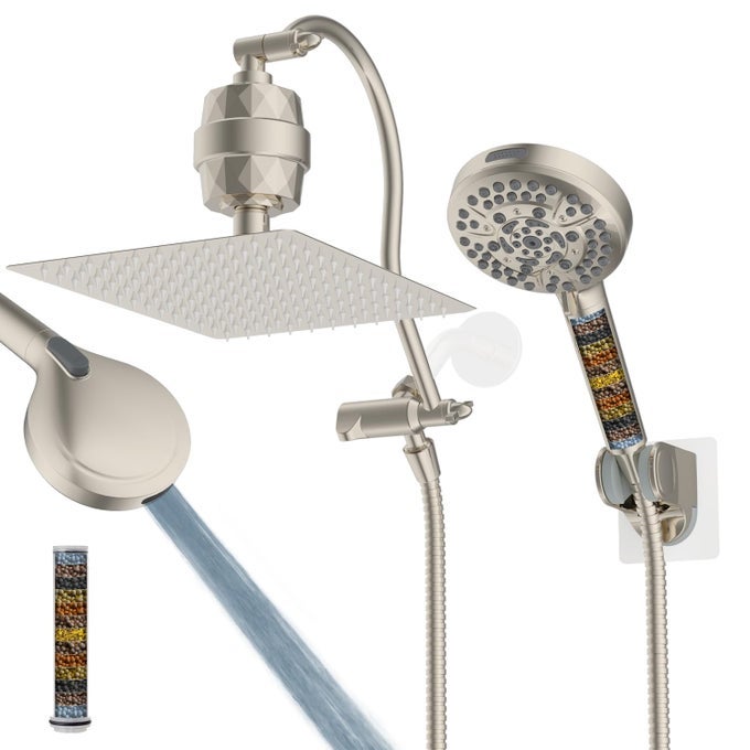 ALL METAL 12 FILTERED RAINFALL SHOWER HEAD COMBO HIGH PRESSURE HANDHELD SHOWER HEAD WITH 12 ADJUSTABLE CURVED EXTENSION ARM 20 STAGE SHOWER FILTER 10SPRAY 71 HOSE BRUSHED NICKEL