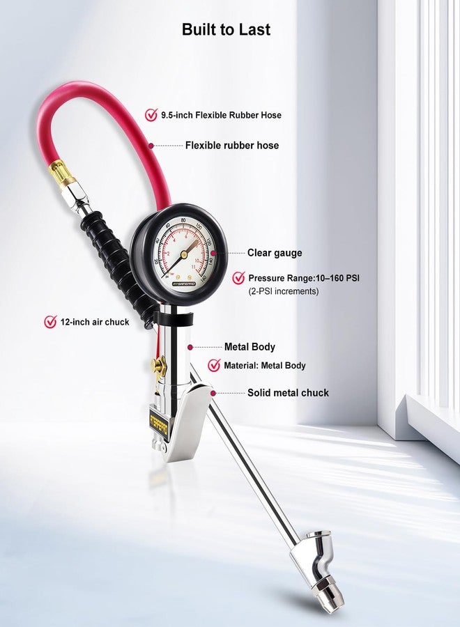 ATsafepro Tire Inflator with Gauge, 10-160 PSI, 12-Inch Extended Straight Air Chuck with Pressure Gauge for Dual Wheels, 1/4 NFT & Quick Plug, Tire Pressure Checker for Trucks, RVs, Trailers - Image 5