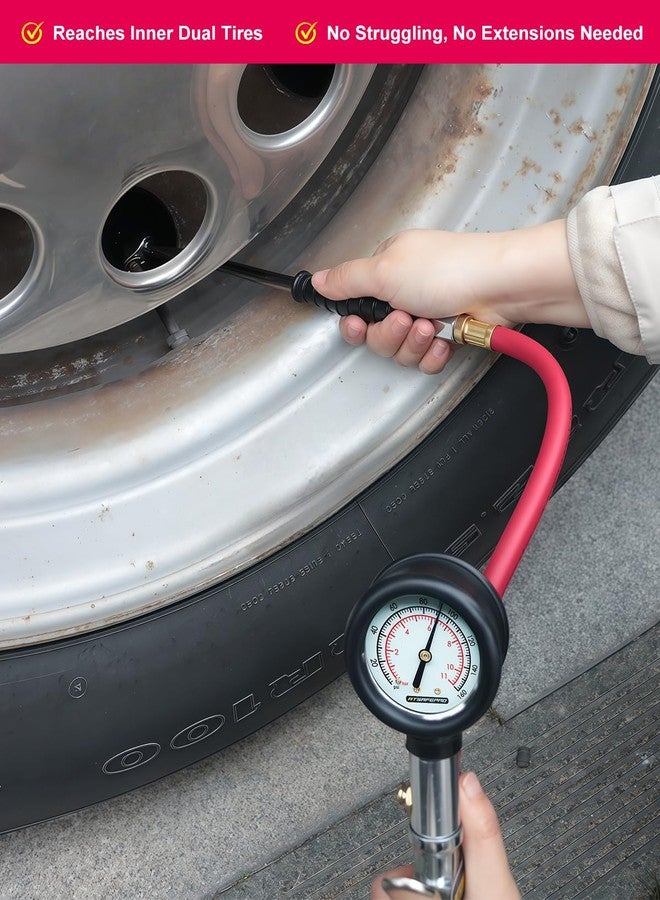 ATsafepro Tire Inflator with Gauge, 10-160 PSI, 12-Inch Extended Straight Air Chuck with Pressure Gauge for Dual Wheels, 1/4 NFT & Quick Plug, Tire Pressure Checker for Trucks, RVs, Trailers - Image 2