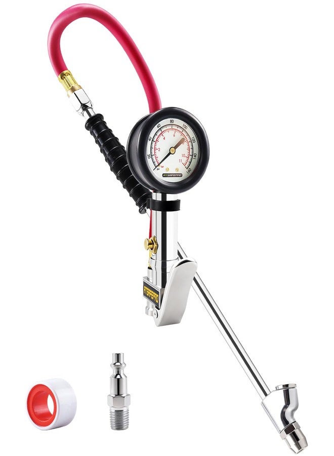 ATsafepro Tire Inflator with Gauge, 10-160 PSI, 12-Inch Extended Straight Air Chuck with Pressure Gauge for Dual Wheels, 1/4 NFT & Quick Plug, Tire Pressure Checker for Trucks, RVs, Trailers - Image 1
