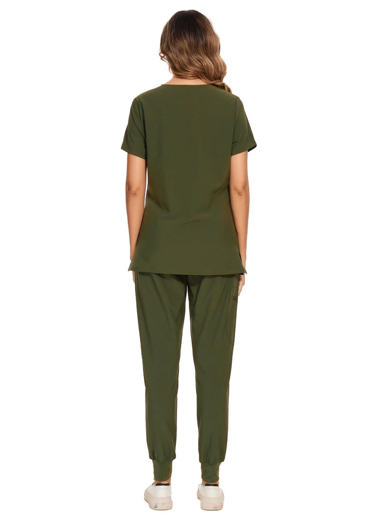 COZYFIT Scrubs for Women Set - Stretch V-Neck Scrub Top & Jogger Pant with 8 Pockets, Yoga Waistband, Slim Fit COZY SCRUBS - Olive Green, M - Image 2