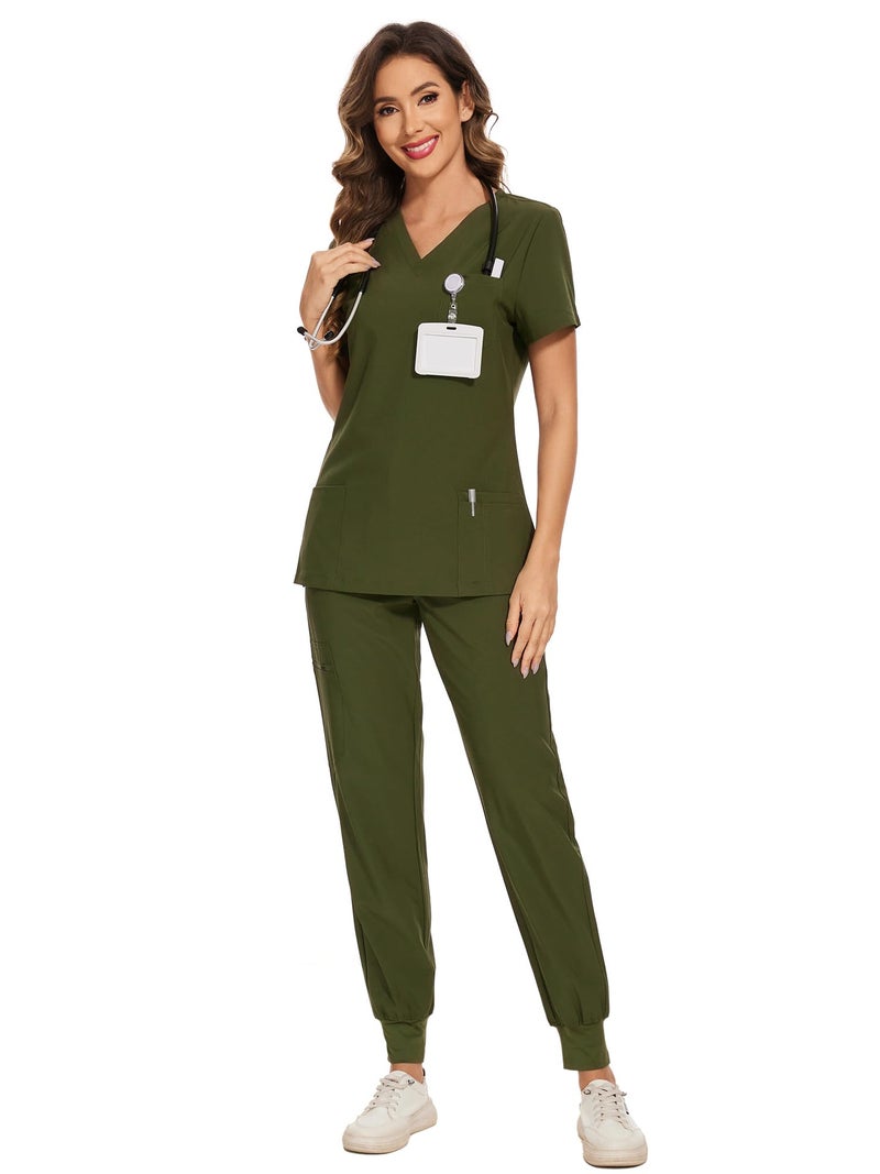 COZYFIT Scrubs for Women Set - Stretch V-Neck Scrub Top & Jogger Pant with 8 Pockets, Yoga Waistband, Slim Fit COZY SCRUBS - Olive Green, M - Image 1