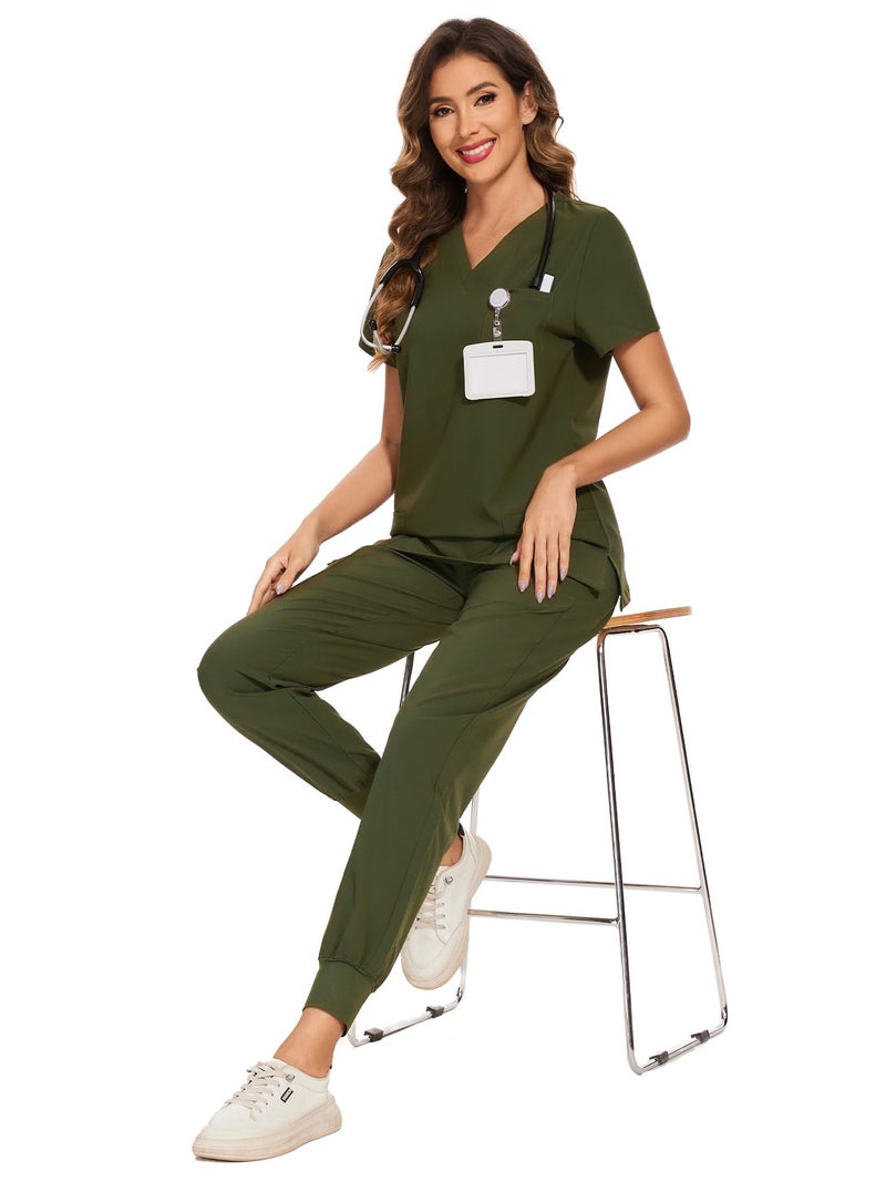 COZYFIT Scrubs for Women Set - Stretch V-Neck Scrub Top & Jogger Pant with 8 Pockets, Yoga Waistband, Slim Fit COZY SCRUBS - Olive Green, M - Image 5