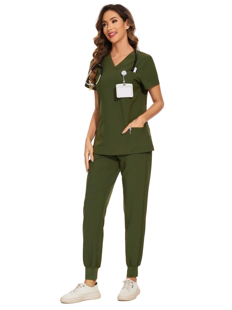 COZYFIT Scrubs for Women Set - Stretch V-Neck Scrub Top & Jogger Pant with 8 Pockets, Yoga Waistband, Slim Fit COZY SCRUBS - Olive Green, M - Image 3