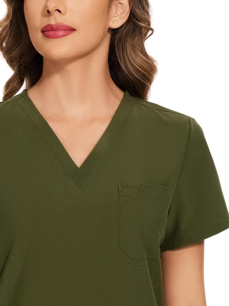 COZYFIT Scrubs for Women Set - Stretch V-Neck Scrub Top & Jogger Pant with 8 Pockets, Yoga Waistband, Slim Fit COZY SCRUBS - Olive Green, M - Image 4