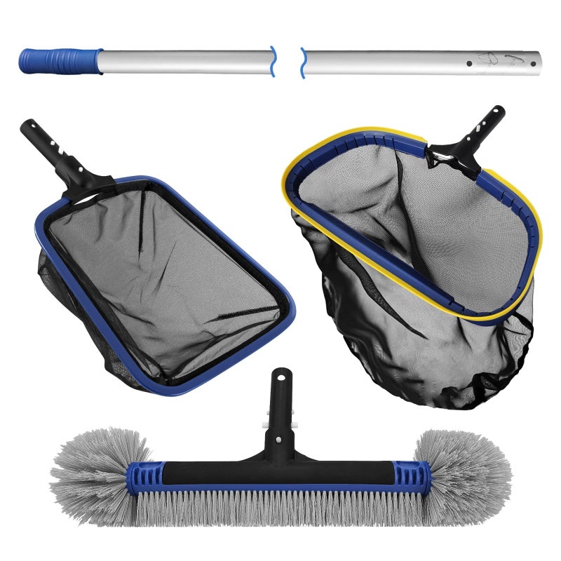 Poolvio 5in1 Pool Cleaning Kit  Includes SemiDeep Skimmer Net Aluminum Leaf Rake 20 Pool Brush with 13ft Adjustable Pole