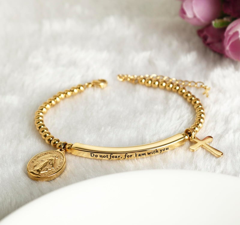 DS Religious Gift for Her Christian Cross Jesus Charm Bracelet Bible Verse Do not fear for,I am with you Inspirational faith Friendship Bracelets For Women Stainless Steel Jewelry Gift Daughter -Gold - Image 2