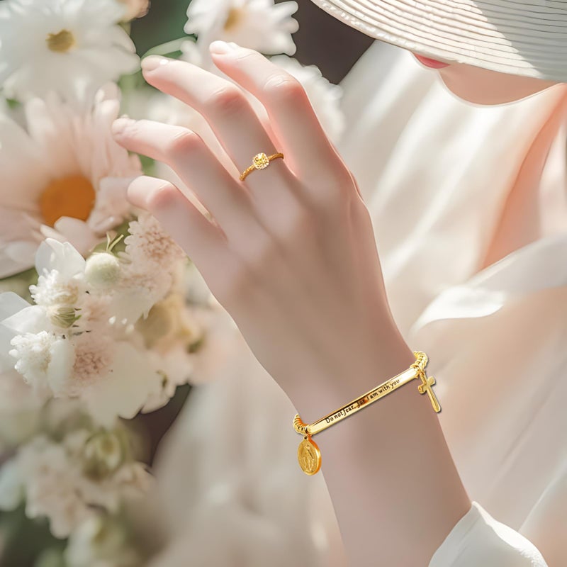 DS Religious Gift for Her Christian Cross Jesus Charm Bracelet Bible Verse Do not fear for,I am with you Inspirational faith Friendship Bracelets For Women Stainless Steel Jewelry Gift Daughter -Gold - Image 5