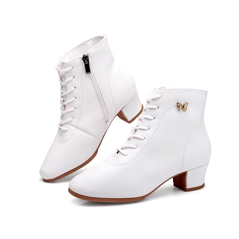 Generic Wupa High-top Soft Leather Square Dancing Shoes Womens Mid-low Heel Soft Bottom Social Dance Shoes Usually Wear Dance Ankle Boots Autumn and Winter White 3.5cm straight bottom