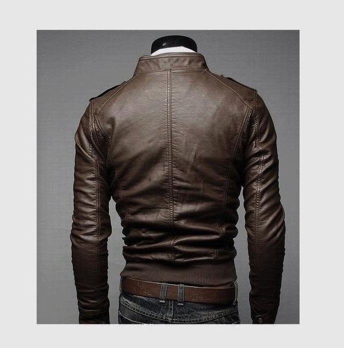 2021 Men'S Slim Stand Collar Leather Jacket Business Motorcycle Trendy Leather Jacket Men'S Clothing - Image 3